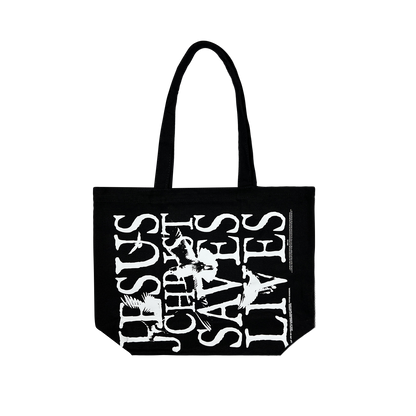 Jesus Christ Saves Lives Tote Bag - Black (Ships Immediately)