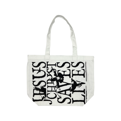 Jesus Christ Saves Lives Tote Bag - White