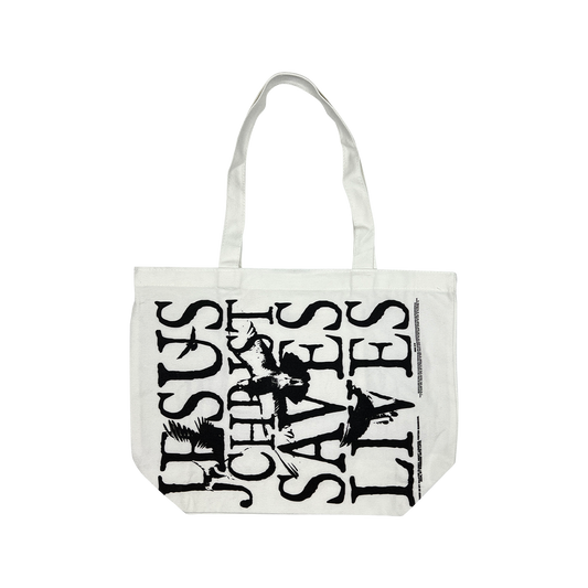 Jesus Christ Saves Lives Tote Bag - White